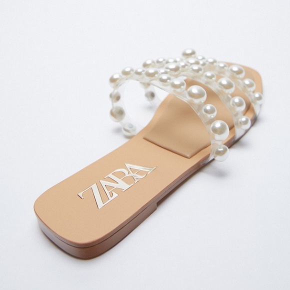 Zara Shoes Zara Beige Slide Sandals With Pearls Poshmark